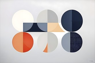 Minimalist composition of overlapping geometric shapes, such as circles, squares, and triangles,