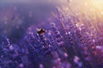 Large earth bumblebee (Bombus terrestris) on lavender flower (Lavendula), AI generated, AI