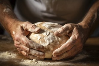 Man's hand kneading dough for baking bread at bakery shop or at home. KI generiert, generiert AI