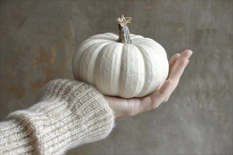 Hand holding seasonal white pumpkin. Generative AI, AI generated