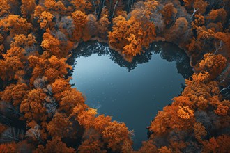 Heart shaped lake in middle of colorful autumn forest. Generative Ai, AI generated