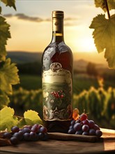 Aged bottle of wine glowing under the low sun with a vineyard in the background, AI generated