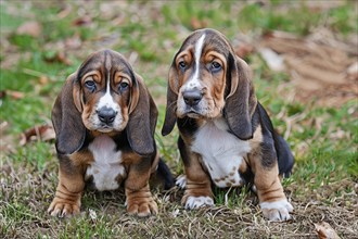 Two cute Basset hound pups seating in the grass, AI generated