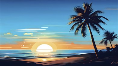 Minimalistic paper art illustration of a tropical beach with blue ocean and palm trees, AI