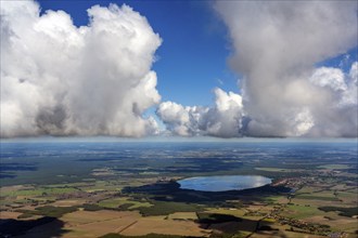 Arendsee, Saxony-Anhalt, aerial view, Altmark, water, sky, clouds, cumulus, landscape