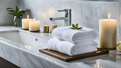 Wellness concept with bathroom spa setting with fluffy towel and candlelight, AI generated