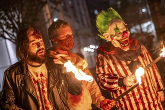 The Zombiewalk in Essen, on Halloween several hundred people, some dressed as scary zombies,