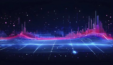 Abstract illustration of digital wave forms and circuits converging to form abstract symbols of