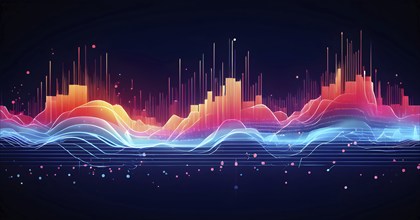 Abstract illustration of digital wave forms and circuits converging to form abstract symbols of