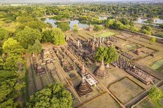 The central Buddhist temple Wat Mahathat seen from the air, UNESCO World Heritage Sukhothai