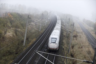 A Deutsche Bahn ICE train runs in foggy autumn weather on a railway line near Neugarten, 06.11