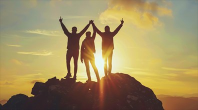 People standing on top of mountain at sunset with raised hands. Concept of achievement and teamwork