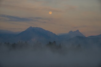 Morning atmosphere at full moon, Hopfensee, near Füssen, Ostallgäu, Allgäu, Upper Swabia, Swabia,