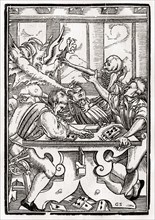 Der Tod und der Teufel kommen zum Kartenspieler Woodcut by Georg Scharffenberg after Hans Holbein