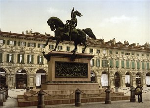 Monument of Emmanuel Fillibert, Turin, Italy, Historical, digitally restored reproduction from a