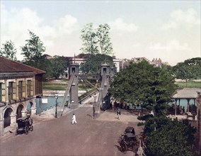 Singapore, Cavenagh-Bridge, Historic, digitally restored reproduction from a 19th century original,