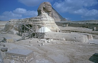 Great Sphinx of Giza, construction site, Cheops Pyramid, Cairo, Egypt, September 1989, vintage,