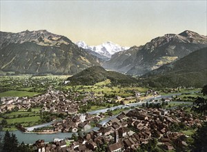 Interlaken, from the Heimwehfluh, towards the Harder, Bernese Oberland, Switzerland, Historic,