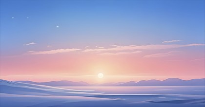 Illustration of a cold winter sunrise, represented by a minimalist gradient of soft pastel pinks