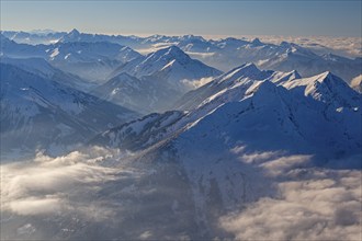 Mountain peaks above high fog, evening light, winter, backlight, view from Zugspitze to Daniel and