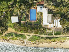 Vertical view of the spa and gym section of the Hurricane Hotel near Tarifa. Aerial view. Drone