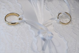 Wedding rings on an ornate white cushion