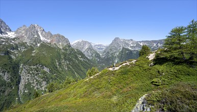 Mountaineer on hiking trail to Aiguillette des Posettes, mountain panorama with summit Mont Bues