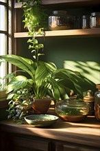 A sunlit kitchen corner, with a rustic wooden shelf holding neatly arranged ceramic bowls and a