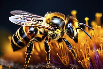 Macro shot of a honeybee (Apis mellifera) collecting pollen, highlighting the fine details of its