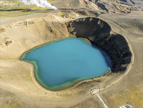 Aerial view of blue lake in the Viti volcano crater at Krafla power plant, Myvatn region, Iceland,