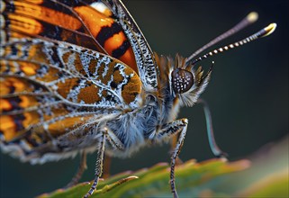 Macro of a small tortoiseshell butterfly (Aglais urticae), highlighting its colorful, textured