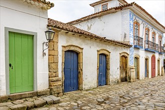 Cobblestone street with old colonial houses in the historic city of Paraty, Paraty, Rio de Janeiro,