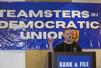 Chicago, Illinois, Amazon worker Zach Neely speaks at the convention of Teamsters for a Democratic