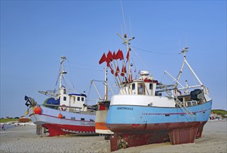 Fishing boats on the beach under a blue sky, with red and blue details, Lokkken, North Jutland,