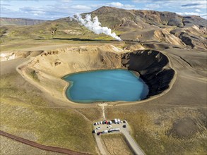 Aerial view of blue lake in the Viti volcano crater, at Krafla power plant, Myvatn region, Iceland,