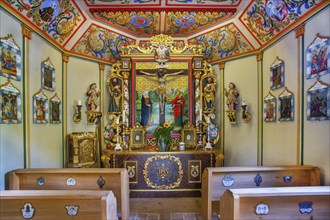 Interior with altar in the court chapel of the Markus Wasmeier Farm Museum, Schliersee, Mangfall