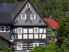 Old half-timbered houses, villages and green countryside, Marenice, Lusatian Mountains, Bohemia,