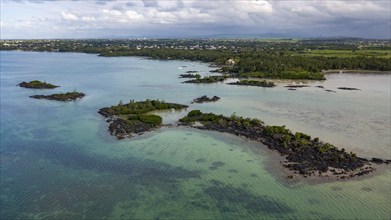 Bird's eye view of aerial view of lagoon at Cap Malheureux, Mauritius, Africa