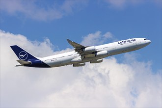 A Lufthansa Airbus A340-300 aircraft with the registration D-AIFD at the airport in Frankfurt,