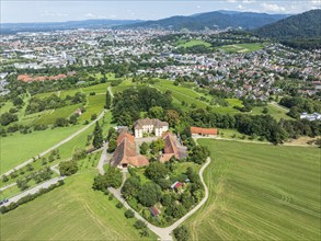 Aerial view of castle Jesuitenschloss Merzhause and city Freiburg, Germany, Europe