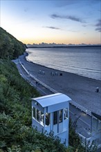 The pier of Sellin, evening mood, lift to the coast at Wilhelmstraße, sunset, 394 metres long, with