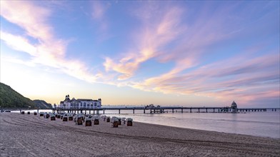 The pier of Sellin, evening mood, sunset, 394 metres long, with restaurant, jetty, beach chairs,