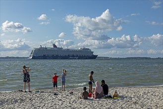 Mein Schiff cruise ship, people, families, beach, Laboe, Schleswig-Holstein, Germany, Europe