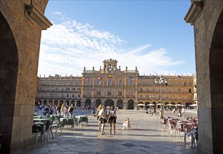 Plaza Mayor viewed through an arcade, Salamanca, Salamanca province, Castile and Leon, Spain,