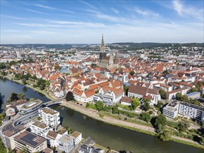 Aerial view of Ulm's historic city centre with the Danube and the cathedral, Ulm,