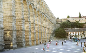 Roman aqueduct at the Plaza de Azoguejo, Segovia, province of Segovia, Castile and Leon, Spain,