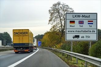 Sign for the lorry toll, on the A40 motorway, shortly after the German-Dutch border near