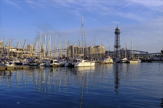 At the harbour, with Telefèric del Port, cable car tower, Barcelona, Catalonia, Spain, Europe