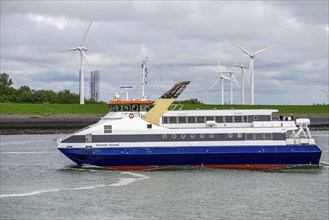 Wind farm, Westernschelde Ferry, Princess Maxima, in the harbour of Vlissingen, Zeeland,