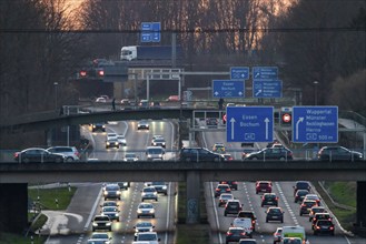 Motorway A40, Ruhrschnellweg, near Bochum, dense evening traffic, in front of the motorway junction